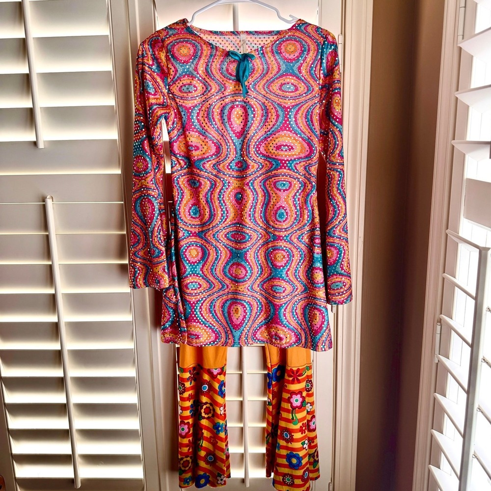 70s Hippie Groovy Costume Kids Large 12-14 Psychedelic Floral‎ Bell Bottoms